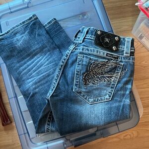 Miss Me Blue Jeans with Beaded Wing Design